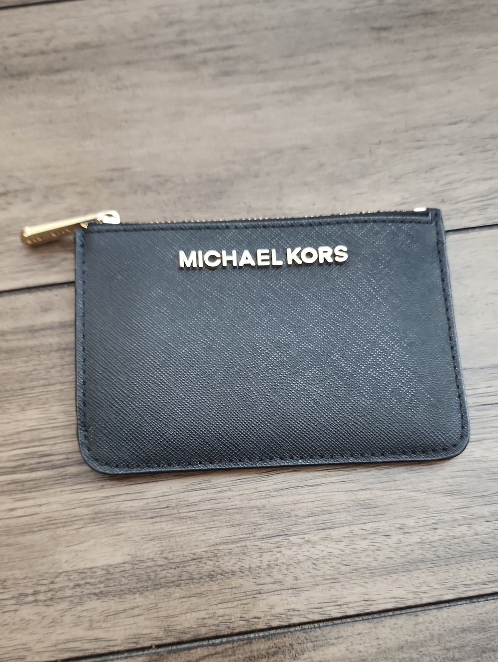 Michael Kors Black Saffiano Zip Card Holder with Gold Logo